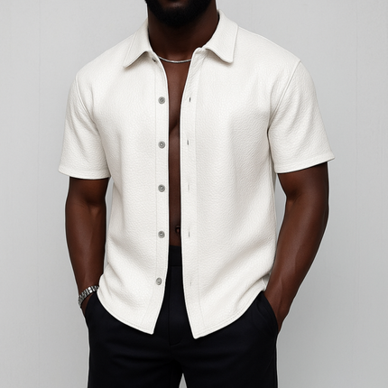 Men's Vintage Litchi Pattern PU Leather Shirt | Short Sleeve Lapel Collar | Loose Fit Casual Top | Bold Textured Design | Elegant & Comfortable | Fashion-Forward Style | Perfect for Stylish Gatherings