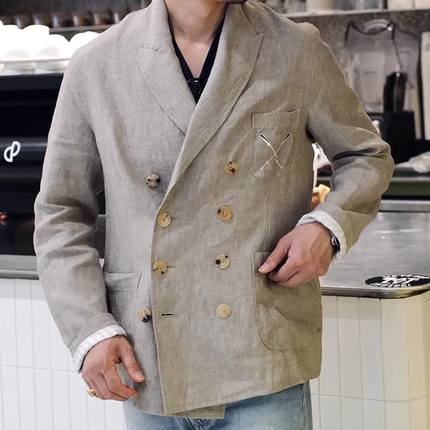 Men's Cotton Linen Blazer | Peak Lapel | Double Breasted | Tailored Fit | Casual Smart-Casual Outerwear | Lightweight Breathable Fabric | Versatile Stylish Jacket | Ideal for Semi-Formal Events