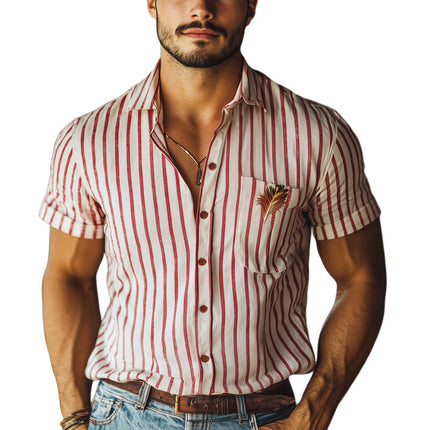 Men's Red Vertical Stripe Embroidered Shirt | Short Sleeve | Spread Collar | Soft Cotton Blend | Elegant Casual Top | M-3XL | Summer Fashion