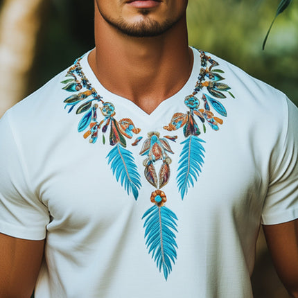Men's Summer T-Shirt | Indian Style Embroidered Short Sleeve | Lightweight Cotton Blend | Crew Neck | Cultural Elegance | Casual Wear | Multiple Sizes