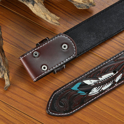 Men's Belt | Vintage Genuine Leather | Punk Style Embossed Feather Design | Snap Buckle Closure | Durable | Artistic Texture | Edgy Fashion Accessory | Versatile Fit | Timeless Craftsmanship