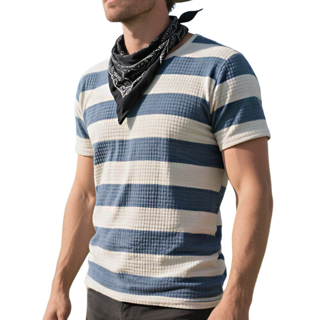 Men's Retro T-Shirt | Casual Western Cowboy Style | Striped Waffle Knit | Short Sleeve | Breathable | Crew Neck | Vintage Inspired | Comfortable Fit | Soft Fabric | Ideal for Spring Summer | Versatile Fashion