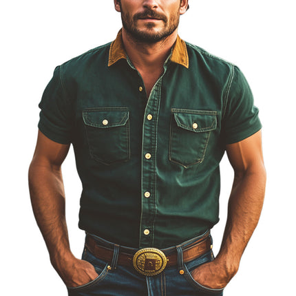 Men's Western Cowboy Shirt | Color Block Denim | Short Sleeve | Summer Casual Top | Breathable High-Quality Fabric | Modern Look | S to 3XL Sizes Available