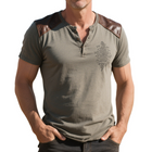 Men's Retro Western Cowboy T-Shirt | Vintage Ranch Style | Leather Splicing | Short Sleeve Henley | High-Quality Cotton Blend | Breathable & Durable | Perfect for Outdoor Adventures & Casual Wear