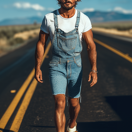 Men's Retro Cowboy Style Denim Overalls | Washed Denim | Leopard Print | Knee-Length | Spring Summer Fashion | Western Cowboy Vintage | Unique Distinctive Rugged Design | Comfortable and Stylish