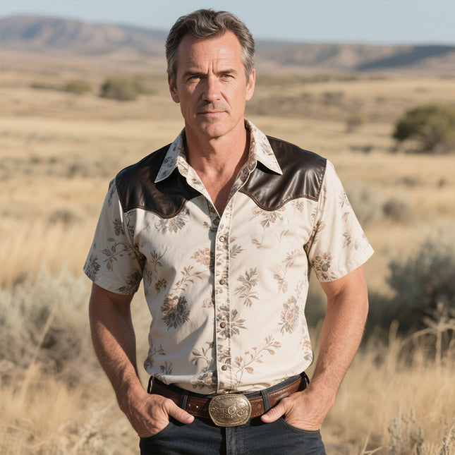 Men's Retro Western Cowboy Shirt | Classic Leather Splicing | Print Lapel | Short Sleeve | Casual Style | Vintage-Inspired | Breathable & Durable | Ideal for Western Events | Available in S to 3XL Sizes