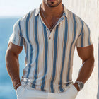 Men's Polo Neck T-Shirt | Summer Casual Wear | Vertical Stripe Design | Breathable Cotton Blend | Short Sleeve | Versatile Style for Casual Outings | Sizes S-3XL | Machine Washable | Elegant Button Placket