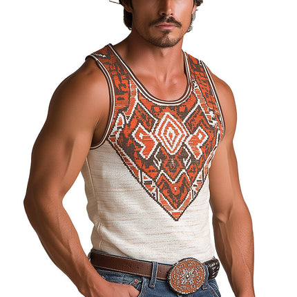 Men's Western Cowboy Style Tank Top | Knitted Jacquard | Summer Sleeveless Shirt | Lightweight Breathable Fabric | Casual Outdoor Fashion