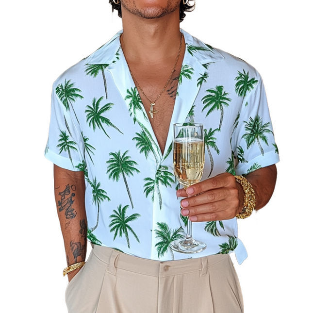 Men's Tropical Palm Tree Shirt | Casual Cuban Collar | Short Sleeve | Loose Fit | Lightweight Summer Beachwear | Button Front | Vibrant Print | Relaxed Comfort | Versatile Style