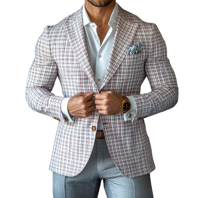 Men's Checked Blazer | Notch Lapel | Two-Button Closure | Spring Summer Outerwear | Fashionable Lightweight Jacket | Classic Tailoring | Long Sleeves | Versatile Style