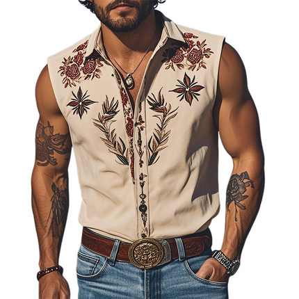 Men's Sleeveless Shirt | Retro Western Style | Embroidery Cotton Blend | Summer Fashion Top | Soft Breathable Fabric | Casual Vintage Look | Comfortable Fit | Versatile Styling | Classic Design