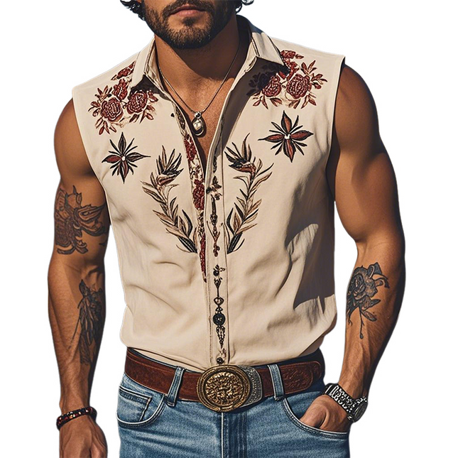 Men's Sleeveless Shirt | Retro Western Style | Embroidery Cotton Blend | Summer Fashion Top | Soft Breathable Fabric | Casual Vintage Look | Comfortable Fit | Versatile Styling | Classic Design