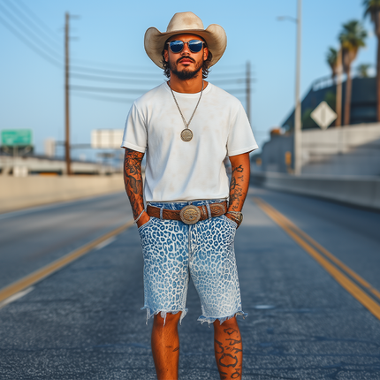 Men's Denim Shorts | Retro Western Cowboy Style | Washed Gradient | Leopard Print | Loose Fit | Raw Edge Finish | Summer Fashion | Casual Comfort | High-Quality Fabric | Trendy Raw Hem | Bold Modern Design