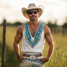 Men's Vintage Western Cowboy Tank Top | Deep V Neck | Sleeveless | Breathable Cotton Blend | Faded Washed | Retro Style | Relaxed Fit | Classic Cowboy Aesthetic | Multiple Sizes Available | Versatile Design