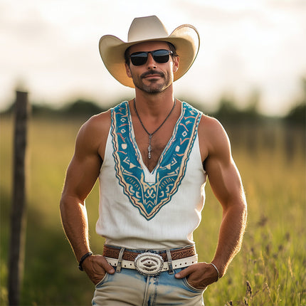 Men's Vintage Western Cowboy Tank Top | Deep V Neck | Sleeveless | Breathable Cotton Blend | Faded Washed | Retro Style | Relaxed Fit | Classic Cowboy Aesthetic | Multiple Sizes Available | Versatile Design