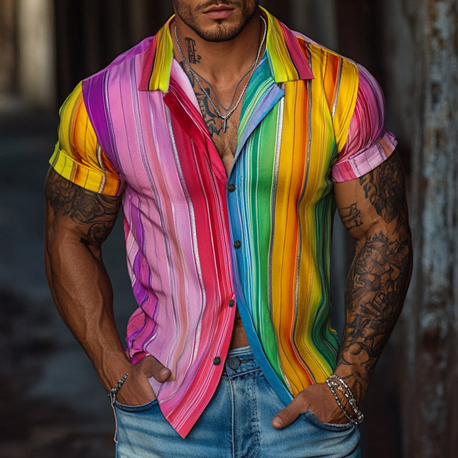 Men's Retro Rainbow Stripe Shirt | Short Sleeve Lapel | Vintage-Inspired Casual Top | Breathable Cotton | Vibrant Patterns | Spring Summer Style | S to 3XL