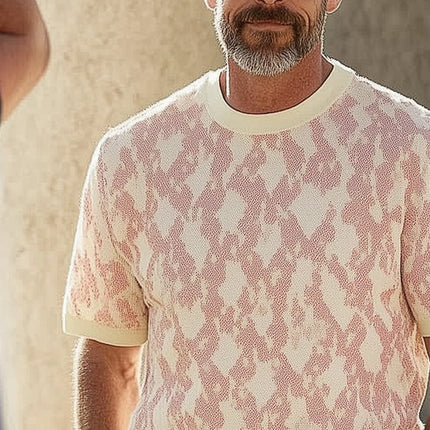 Men's Stylish Round Neck Patterned Knitted T-Shirt | Intricate Design | Breathable Fabric | Short Sleeve | Casual and Semi-Formal Wear | Available in Sizes S to 3XL | Comfortable Fit | Wrinkle-Resistant