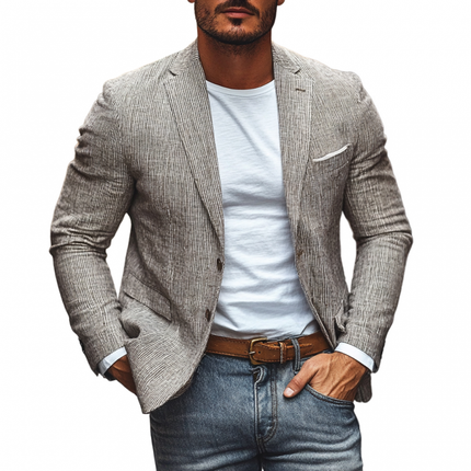 Men's Slim Fit Blazer | Casual Breathable Linen | Pinstripe Notched Lapel | Single Breasted Jacket | Lightweight Summer Outerwear | Stylish Dressy Layer | Versatile for Formal Occasions