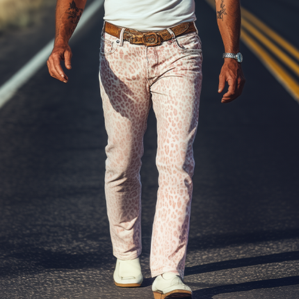Men's Washed Denim Pants | Spring Summer Fashion | Retro Western Cowboy Style | Pink Leopard Print | Casual Wear | Comfortable Fit