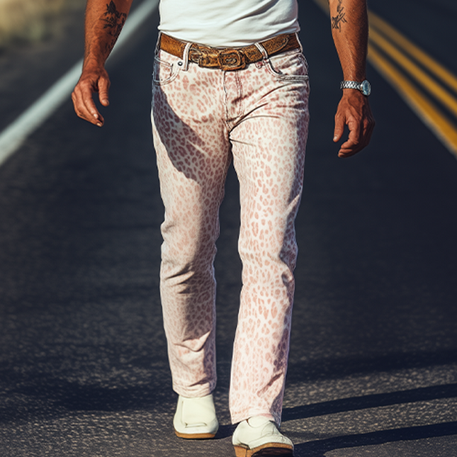 Men's Washed Denim Pants | Spring Summer Fashion | Retro Western Cowboy Style | Pink Leopard Print | Casual Wear | Comfortable Fit