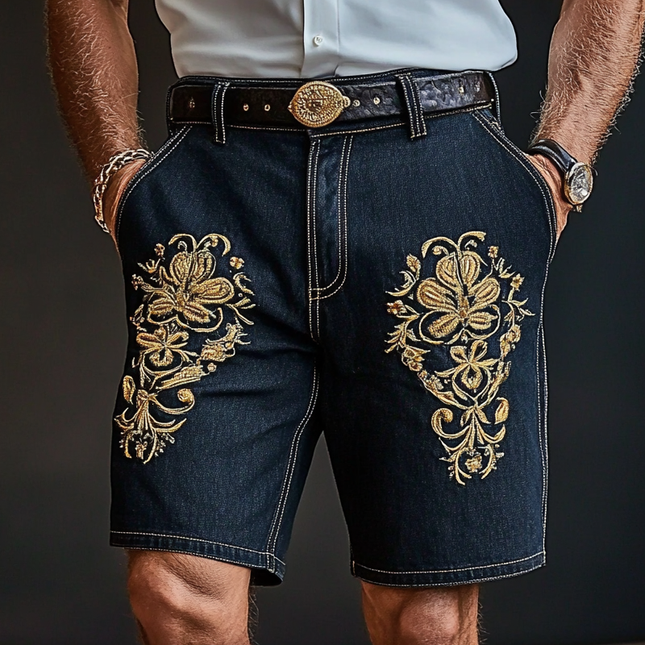 Men's Retro Embroidered Denim Shorts | Vintage Style | Straight Leg | Durable Denim | Comfortable Fit | Above Knee Length | Casual Summer Wear | Festival Outfit | Nostalgic Classic Embroidery