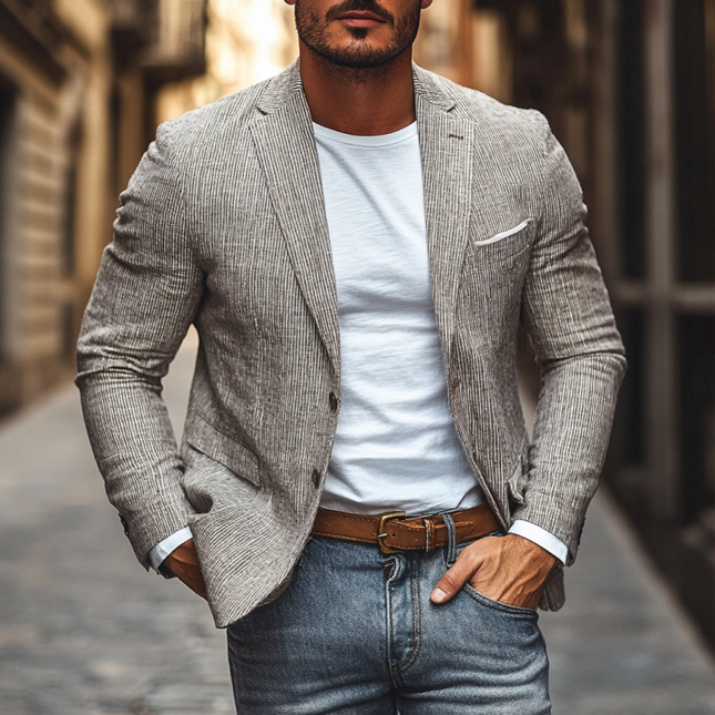 Men's Slim Fit Blazer | Casual Breathable Linen | Pinstripe Notched Lapel | Single Breasted Jacket | Lightweight Summer Outerwear | Stylish Dressy Layer | Versatile for Formal Occasions