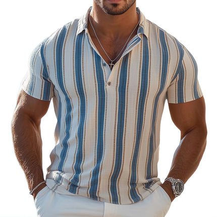 Men's Polo Neck T-Shirt | Summer Casual Wear | Vertical Stripe Design | Breathable Cotton Blend | Short Sleeve | Versatile Style for Casual Outings | Sizes S-3XL | Machine Washable | Elegant Button Placket