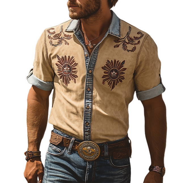 Men's Retro Western Denim Shirt | Short Sleeve Suede Embroidery | Cowboy Style Casual Button | Summer Fashion | Premium Denim | Suede Accents | Classic Western Design | Breathable Comfort