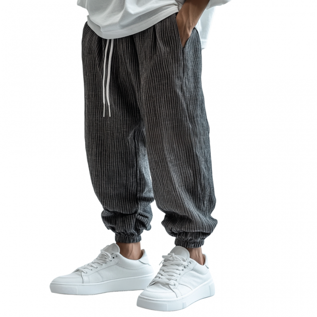 Men's Striped Casual Pants | Breathable Cotton Linen | Elastic Waist | Loose Fit | Cuffed Legs | Versatile Style | High-Quality Fabric | Functional Pockets | Easy Care | Multiple Sizes Available