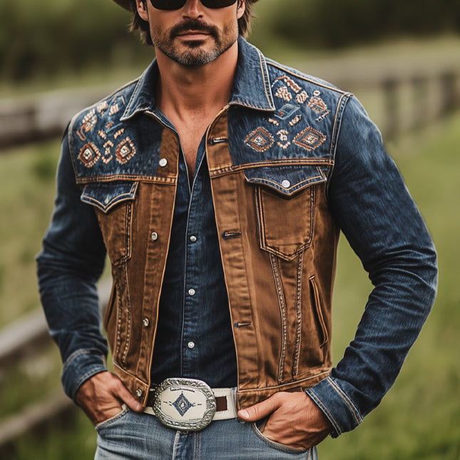Men's Western Cowboy Style Denim Jacket | Vintage Color Block | Embroidered Detail | Premium Denim | Casual Outerwear