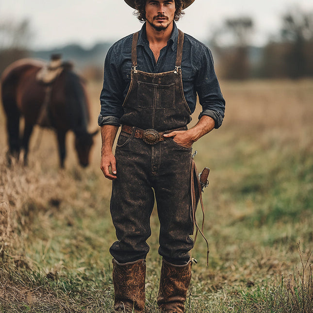 Men's Denim Overalls | Retro Western Cowboy Style | Durable High-quality Fabric | Adjustable Straps | Functional Pockets | Relaxed Fit | Vintage-inspired Design | Versatile Wardrobe Essential