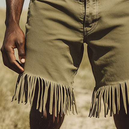 Men's Denim Fringe Shorts | Western Style | Vintage Look | Summer Casual | Music Festival Outfit | Durable Denim Fabric | Regular Fit | Knee Length | Classic Pocket Design | Sizes S-3XL | Adventure Ready