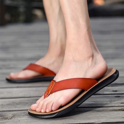 Men's Leather Beach Flip Flops | Round-Toe Sandals | Comfortable Flexible Outsole