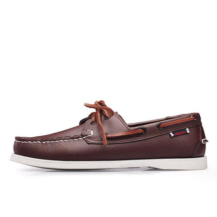 Men's Leather Moc-Toe Boat Shoes | 360° Lacing System | Rustproof Eyelets | Contrast Stitching | Flexible Outsole | Casual Cool Style | Timeless Appeal