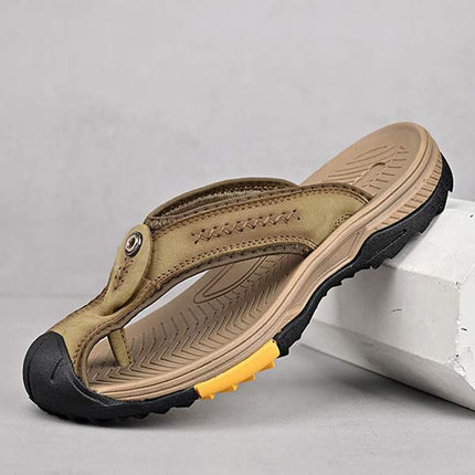 Men's Protective Toe Slip-On Flip-Flops | Vintage Leather Upper | Anti-Collision Toe Cap | Durable Rubber Outsole | Non-Slip Sole | Beach Vacation Essentials