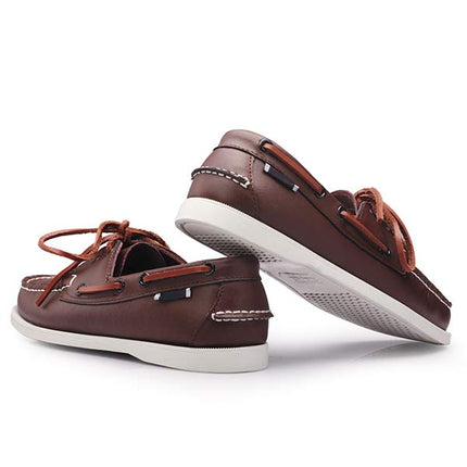 Men's Leather Moc-Toe Boat Shoes | 360° Lacing System | Rustproof Eyelets | Contrast Stitching | Flexible Outsole | Casual Cool Style | Timeless Appeal