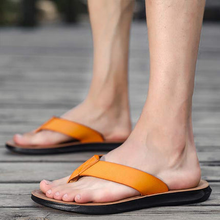 Men's Leather Beach Flip Flops | Round-Toe Sandals | Comfortable Flexible Outsole