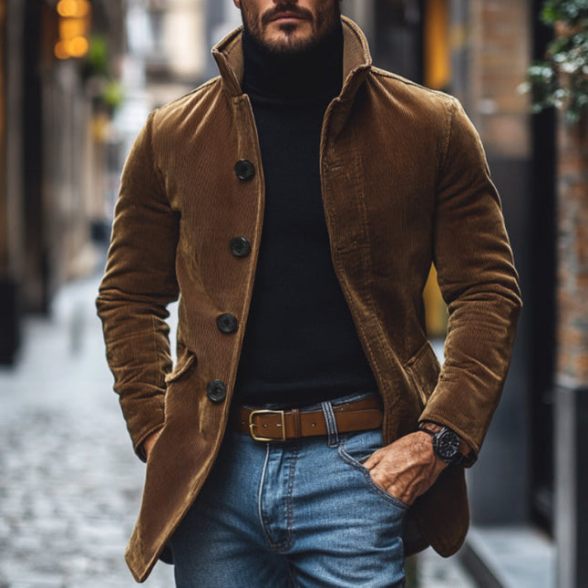 Men's Retro Style Corduroy Jacket | Lapel Collar | Single Breasted | Slim Fit | Short Length | Patch Pockets | Versatile Outerwear | Fall & Winter Wardrobe Essential | Premium Quality |  Durable & Stylish