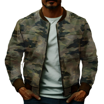 Men's Leather Jacket | Casual Camouflage | Baseball Style | Premium Material | Classic Collar | Full Zipper | Long Sleeves | Functional Pockets | Urban Fashion | Versatile Wardrobe Essential
