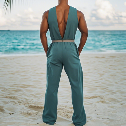 Men's Summer Jumpsuit | Hawaiian Style | Cotton Linen Blend | Wood Button Detail | Deep V-Neck | Beach Vacation Outfit | Breathable & Soft Fabric | Relaxed Fit | Perfect for Casual Gatherings & Tropical Destinations