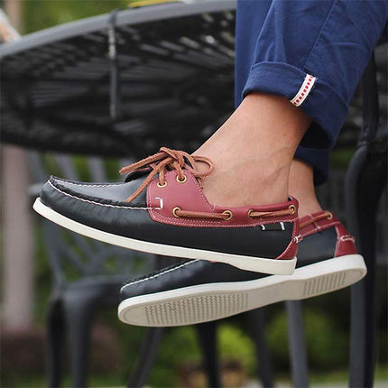Men's Leather Moc-Toe Boat Shoes | 360° Lacing System | Rustproof Eyelets | Contrast Stitching | Flexible Outsole | Casual Cool Style | Timeless Appeal
