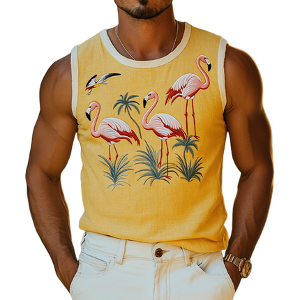 Men's Summer Tank Top | Casual Hawaiian Style | Flamingo Embroidered | Cotton Linen Blend | Lightweight Breathable | Relaxed Fit | Versatile Outfit | Easy Care | Beachwear Fashion