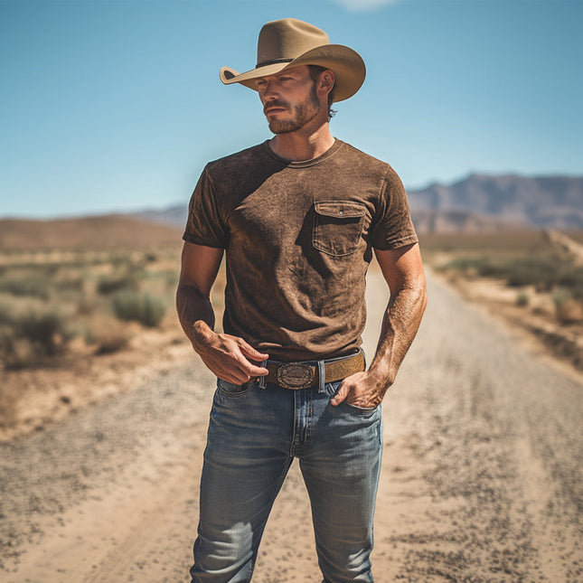 Men's Vintage Western Round Neck T-Shirt | Short Sleeve | Classic Retro Design | Comfortable Fit | Casual Wear | Breathable Material | Stylish Patterns