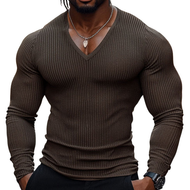 Men's Stripe V-neck T-shirt | Cotton Blend | Long Sleeve | Tight Fit | Casual Crew Neck Top | Breathable Fabric | Versatile Layering | Comfortable Everyday Wear | Stylish Design | Apparel for Men