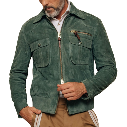 Men's Suede Jacket | Retro Lapel Design | Zipper Breast Pocket | Velvety Soft Texture | Elastic Ribbed Hem | Unique Cuff Zipper | Vintage Truck Driver Inspired | Durable Soft-Touch Suede | Dual-Directional Zipper