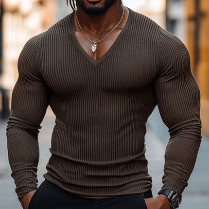 Men's Stripe V-neck T-shirt | Cotton Blend | Long Sleeve | Tight Fit | Casual Crew Neck Top | Breathable Fabric | Versatile Layering | Comfortable Everyday Wear | Stylish Design | Apparel for Men
