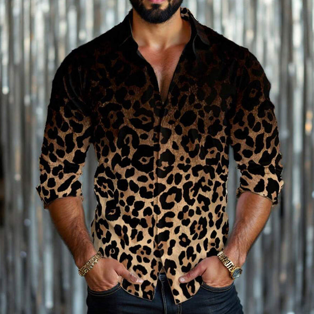 Men's Long Sleeve Shirt | Leopard Gradient Print | Lightweight Cotton Blend | Stylish Lapel Collar | Trendy Casual & Dress Wear | Sizes S-3XL | Unique Bold Design | Fashion-forward Wardrobe Essential