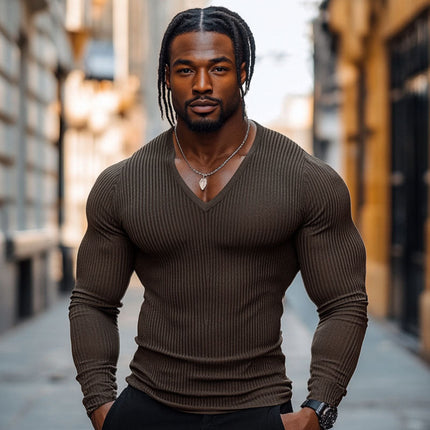Men's Stripe V-neck T-shirt | Cotton Blend | Long Sleeve | Tight Fit | Casual Crew Neck Top | Breathable Fabric | Versatile Layering | Comfortable Everyday Wear | Stylish Design | Apparel for Men