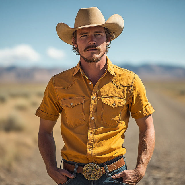 Men's Western Cowboy Shirt | Multi-Pocket | Short Sleeve | Durable Material | Casual Fashion | Classic Rancher Style | Breathable Fabric | Ideal for Outdoor Activities | Stylish Comfort