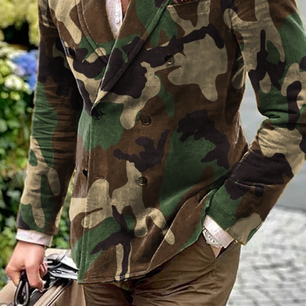 Men's Blazer | Camo Pattern | Double Breasted | Peak Lapel | Casual Outerwear | Machine Washable | Stylish Semi-Formal Jacket | Button Closure | Chest Pocket | Tailored Fit | Sophisticated Design